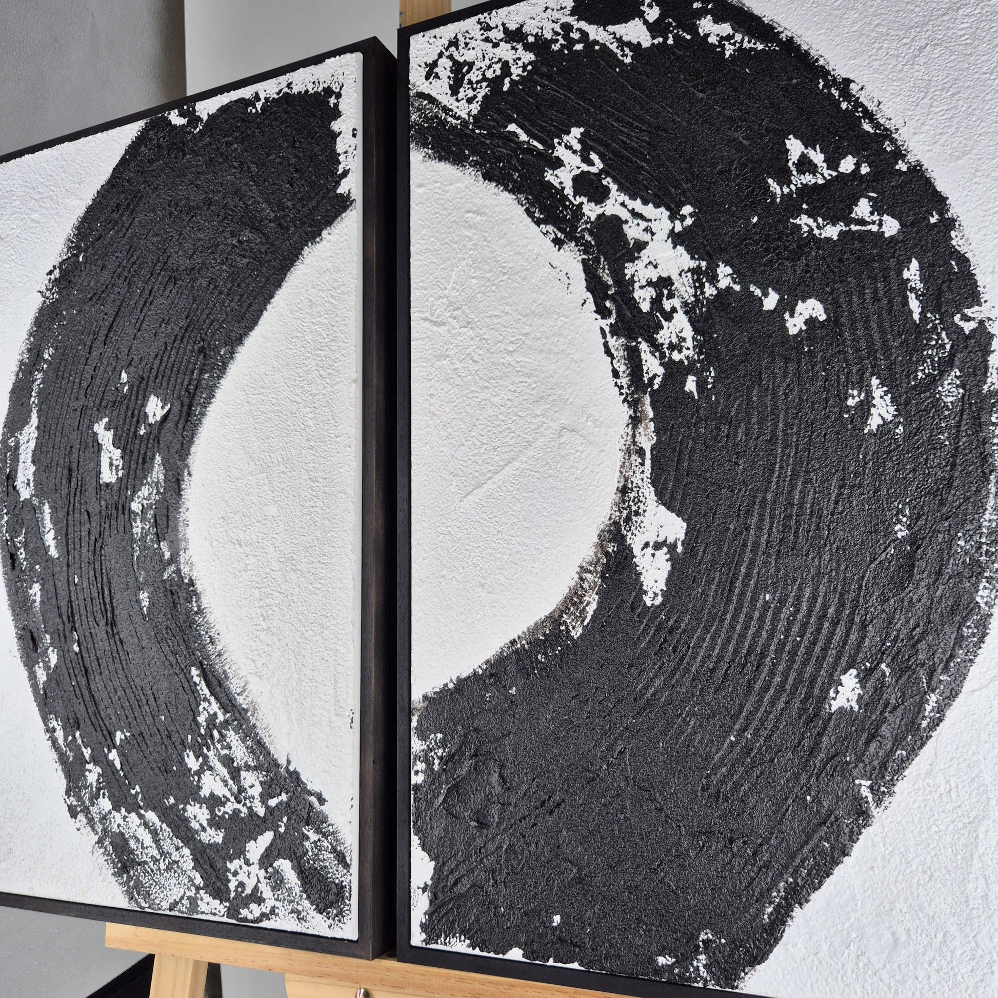 Zen Eclipse - Modern Abstract Black And White Art Diptych Textured Painting - Contemporary Wall Decor - Minimalist Energy
