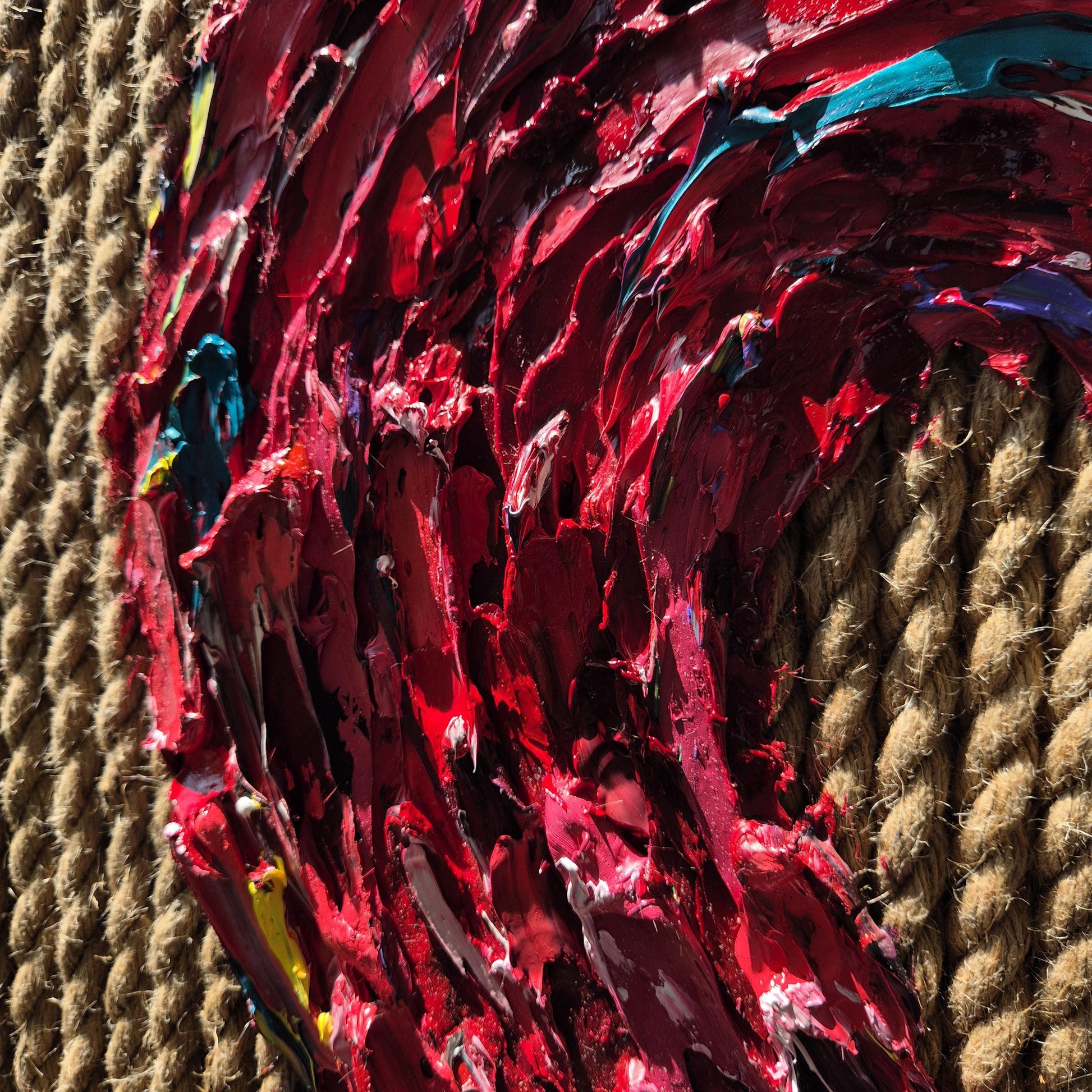 Textured Sculptural Oil Art on Jute Ropes 75x73cm - Love Threads - Red Heart Oil Painting - Framed Contemporary Impasto Home Decor