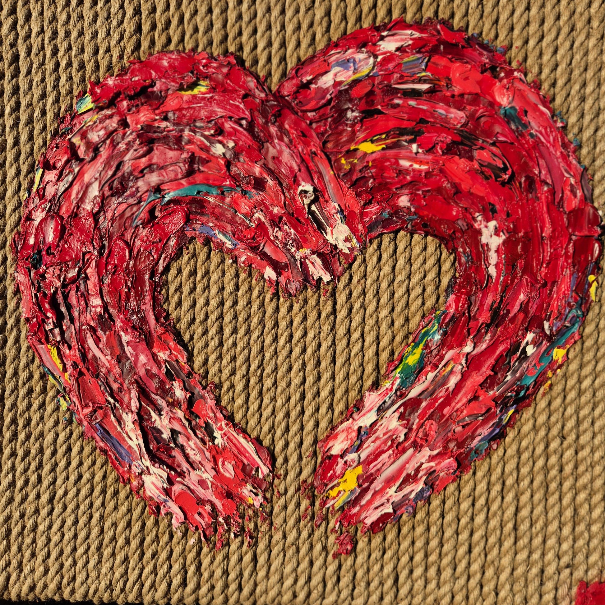 Textured Sculptural Oil Art on Jute Ropes 75x73cm - Love Threads - Red Heart Oil Painting - Framed Contemporary Impasto Home Decor