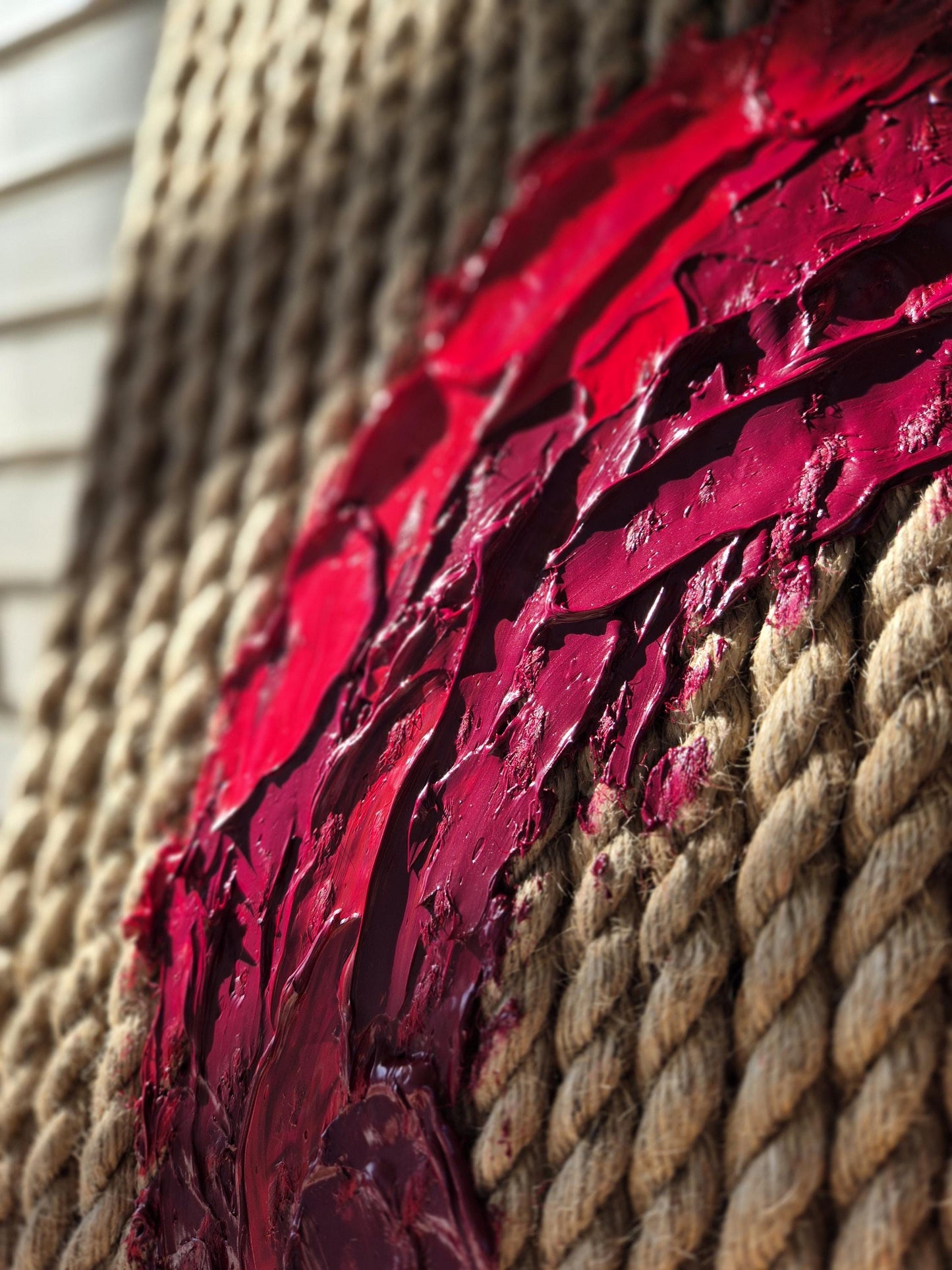 Textured Sculptural Oil Art on Jute Ropes 75x73cm - Love Threads - Red Heart Oil Painting - Framed Contemporary Impasto Home Decor