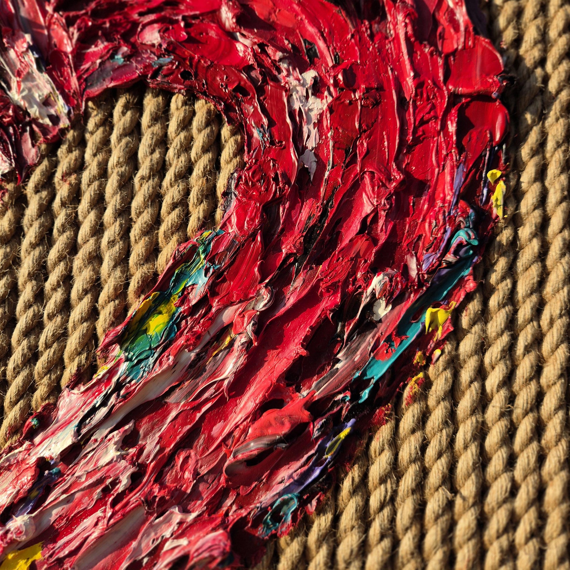 Love Threads - Textured Sculptural Oil Art on Jute Ropes 75x73cm - Red Heart Oil Painting - Framed Contemporary Impasto Home Decor