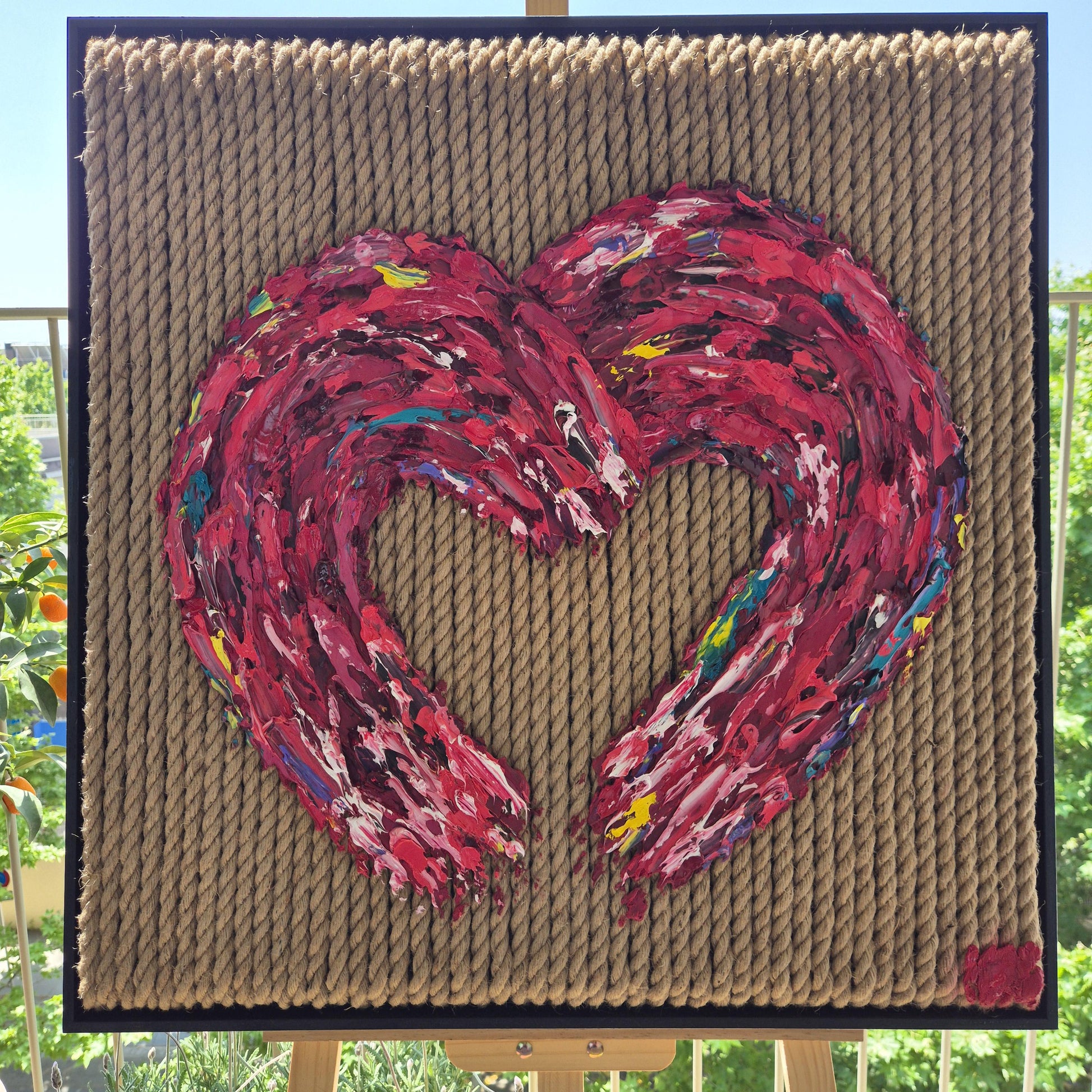 Textured Sculptural Oil Art on Jute Ropes 75x73cm - Love Threads - Red Heart Oil Painting - Framed Contemporary Impasto Home Decor