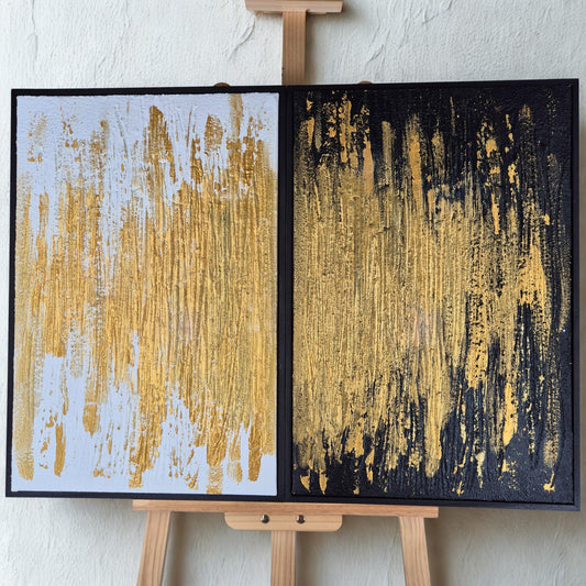 Split Radiance - Modern Gold Large Wall Art- Abstract Diptych Painting - Black And White Textured Wall Art - Luxury Contemporary Home Decor