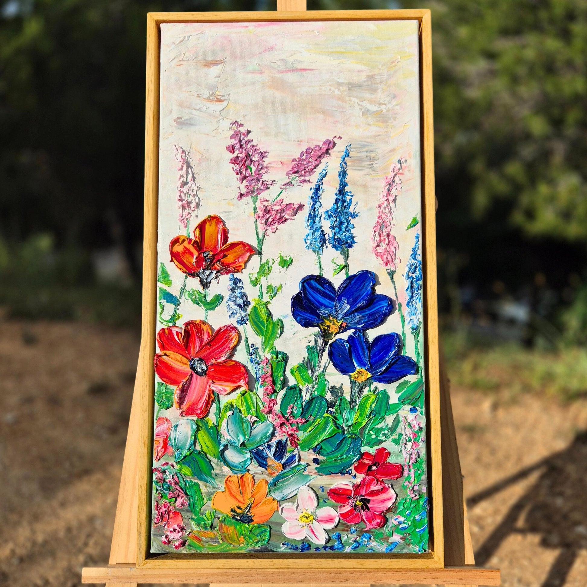 Colorful Textured Oil Floral Painting 62x32 cm - Flower Dance P.1.- Colorful Textured Flower Art - Blooming Flowers Painting