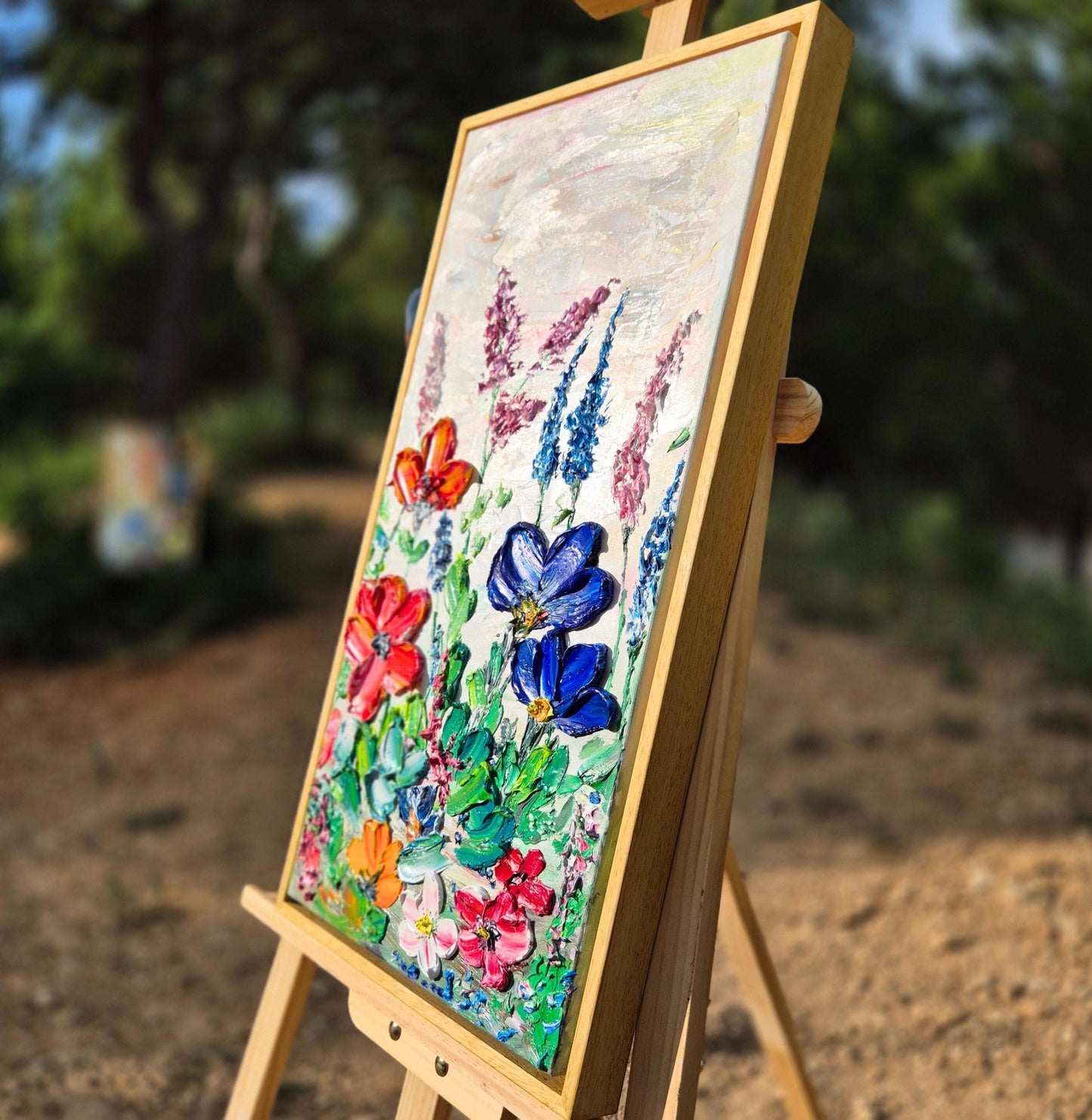 Original Oil Painting 96x62cm - Flower Dance - Colorful Textured Flower Art - Floral Triptych - Blooming Flowers Painting