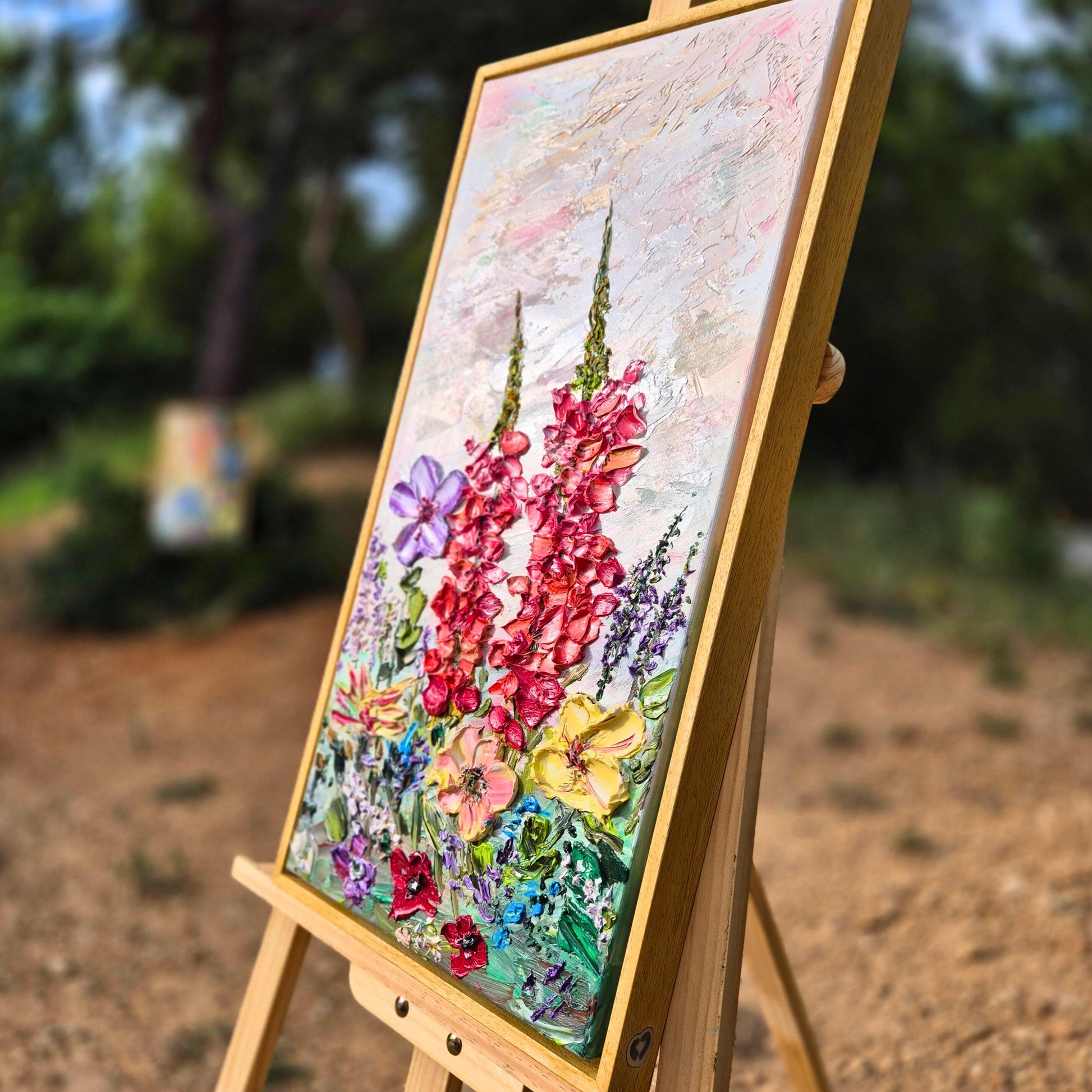 Colorful Textured Oil Floral Painting 62x32cm - Art Flower Dance P.3. - Colorful Textured Flower Art - Blooming Flowers Painting