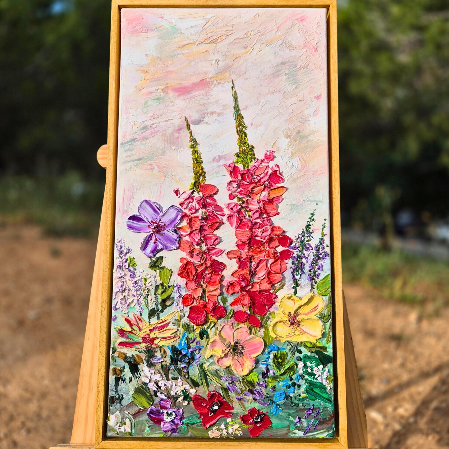 Colorful Textured Oil Floral Painting 62x32cm - Art Flower Dance P.3. - Colorful Textured Flower Art - Blooming Flowers Painting