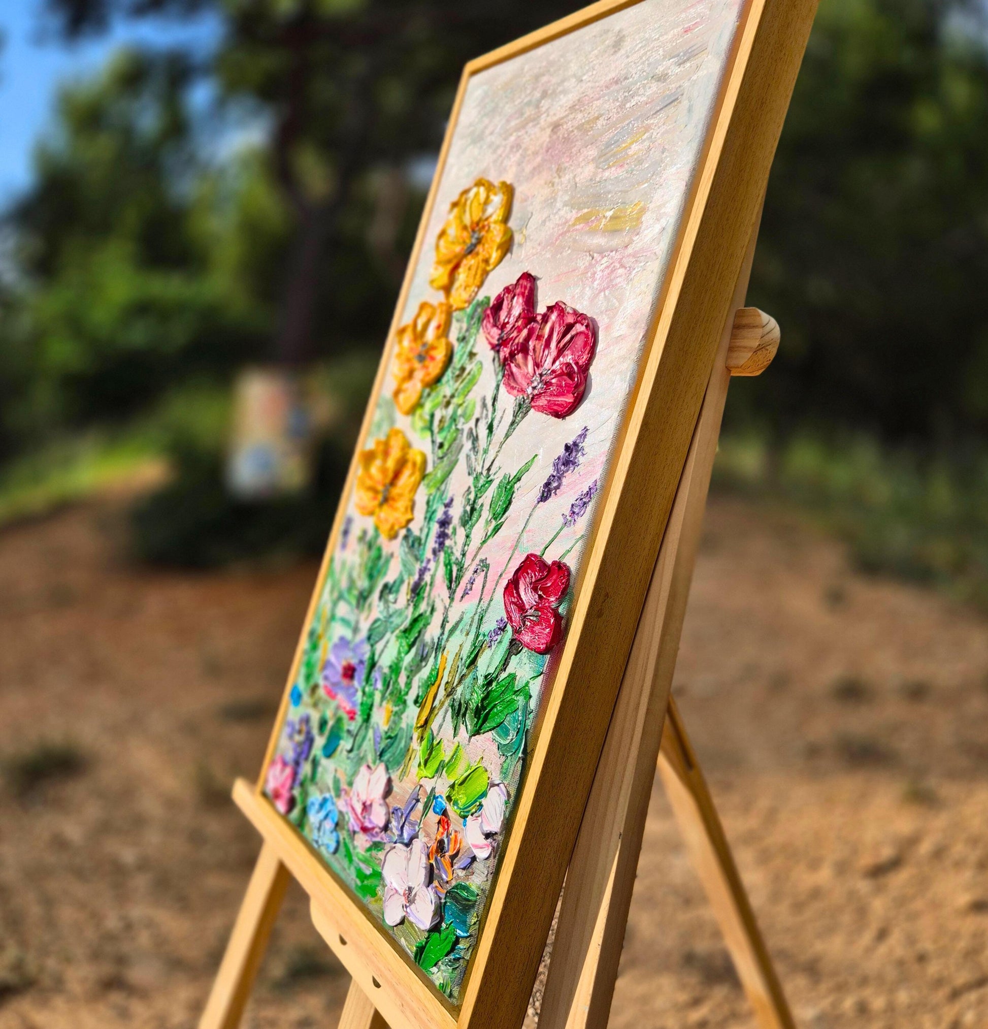 Original Oil Painting 96x62cm - Flower Dance - Colorful Textured Flower Art - Floral Triptych - Blooming Flowers Painting