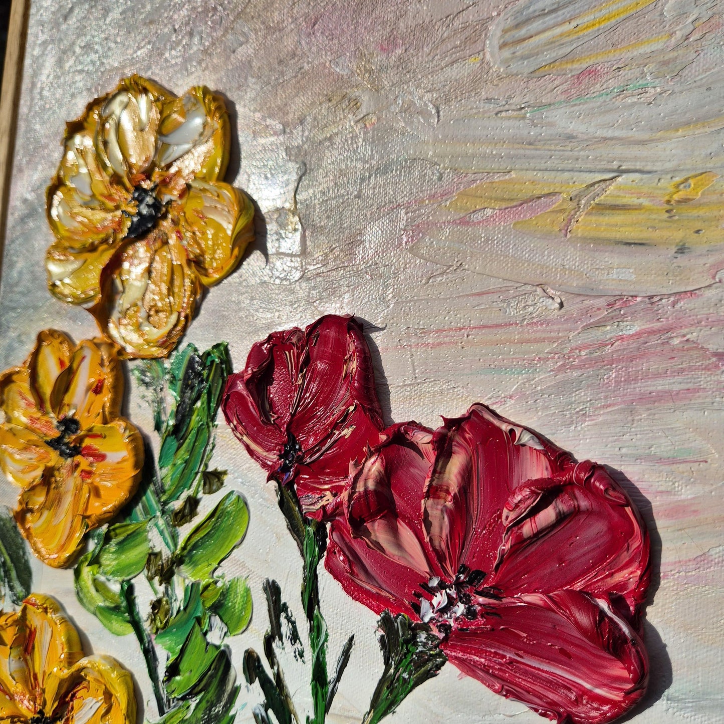 Colorful Textured Oil Floral Painting 62x32cm - Flower Dance P.2. - Colorful Textured Flower Art - Blooming Flowers Painting