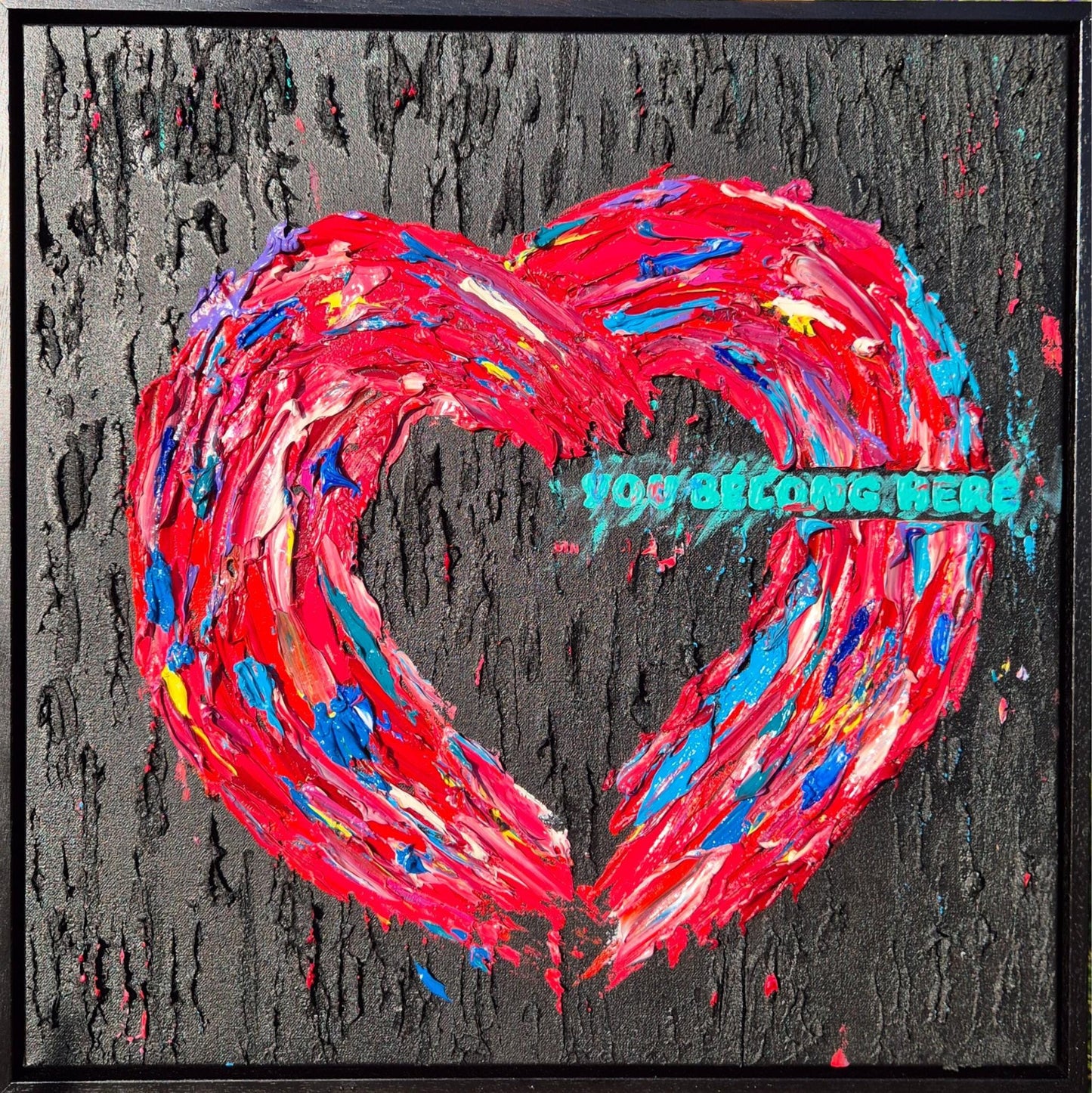 Heart Abstract Oil Painting 52x52 cm - You Belong Here Textured Oil on Canvas - Contemporary Impasto Emotion Art - Framed Decor