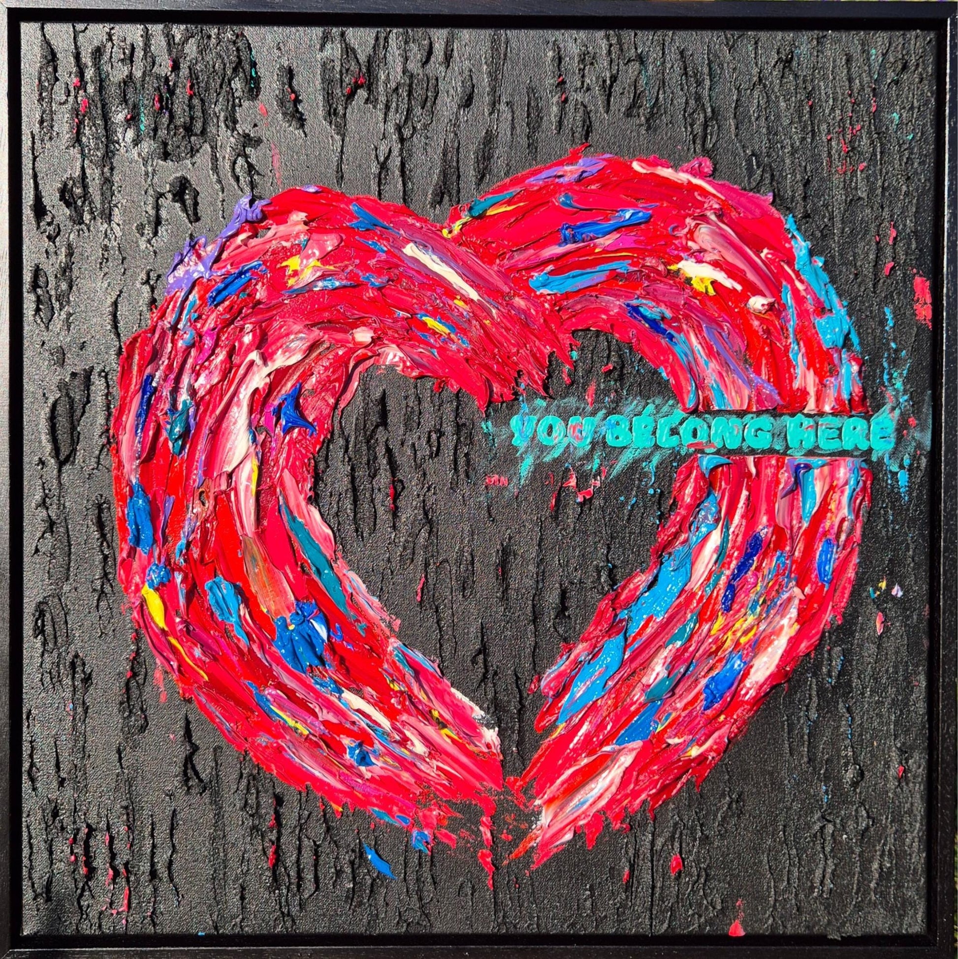 Heart Abstract Oil Painting 52x52 cm - You Belong Here Textured Oil on Canvas - Contemporary Impasto Emotion Art - Framed Decor
