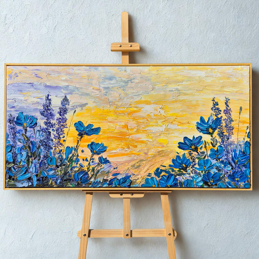 Azure Horizon - Large Textured Floral Oil Painting - Original Oil on Canvas - Colorful Abstract Flowers