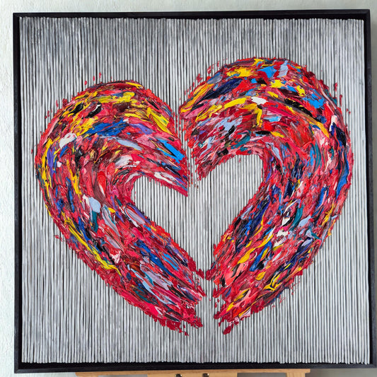 Textured Aluminum Oil Painting 66x66cm - Metal Heart - Abstract Oil Painting on Aluminum - Framed Contemporary Sculptural Decor