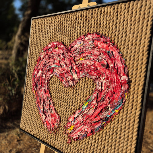 Textured Sculptural Oil Art on Jute Ropes 75x73cm - Love Threads - Red Heart Oil Painting - Framed Contemporary Impasto Home Decor