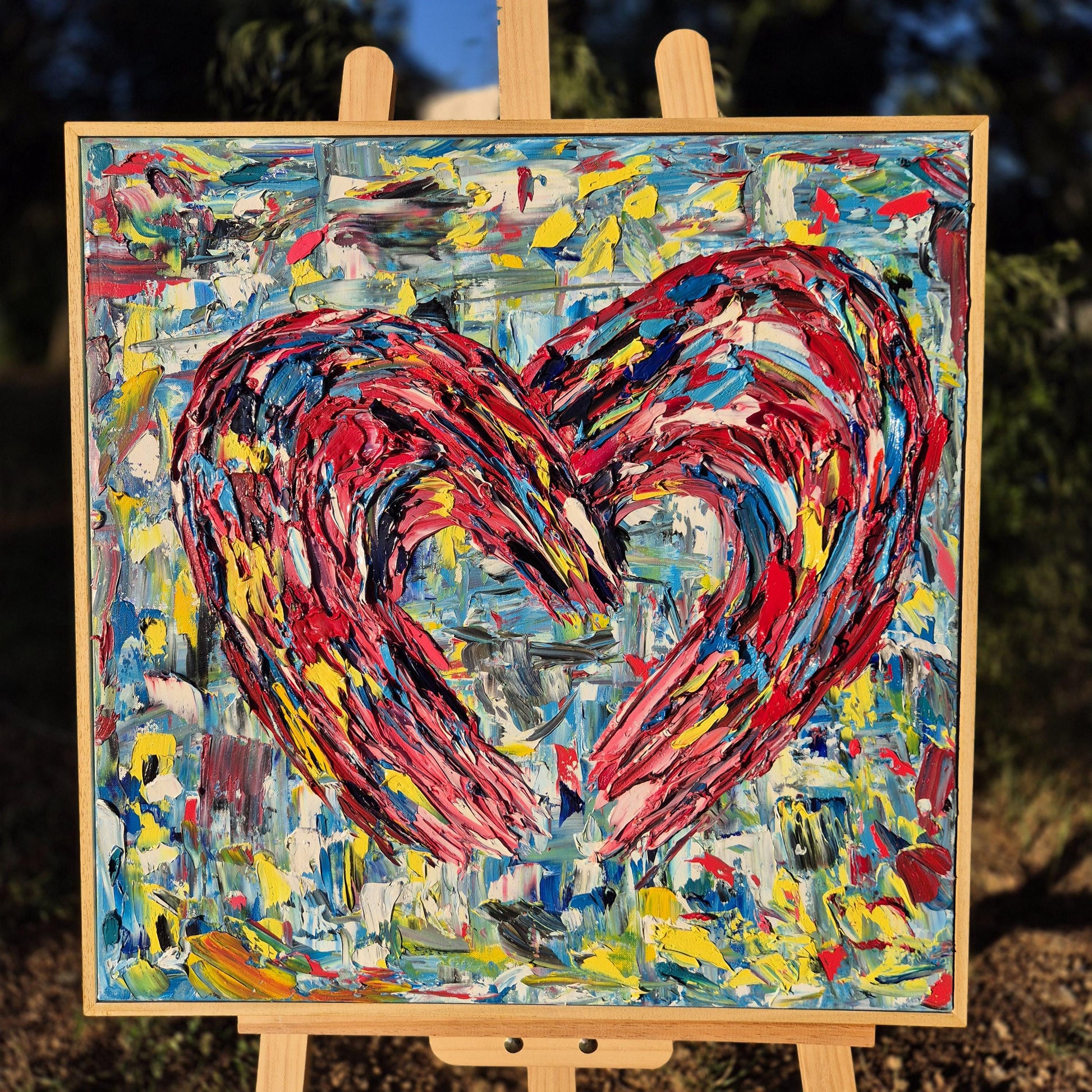 Colorful Heart Oil Painting on Canvas 62x62 cm - Lovescape - Textured Abstract Modern Art - Romantic Framed Palette Knife Art