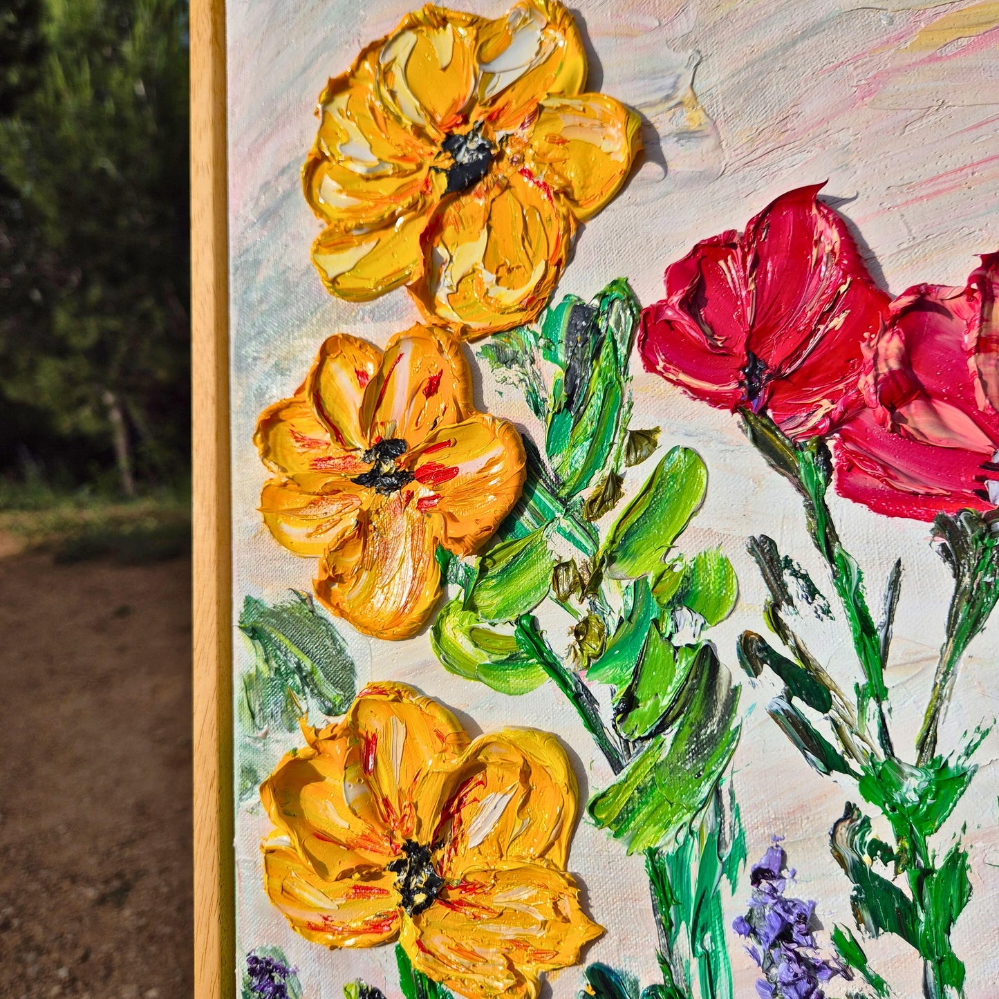 Colorful Textured Oil Floral Painting 62x32cm - Flower Dance P.2. - Colorful Textured Flower Art - Blooming Flowers Painting