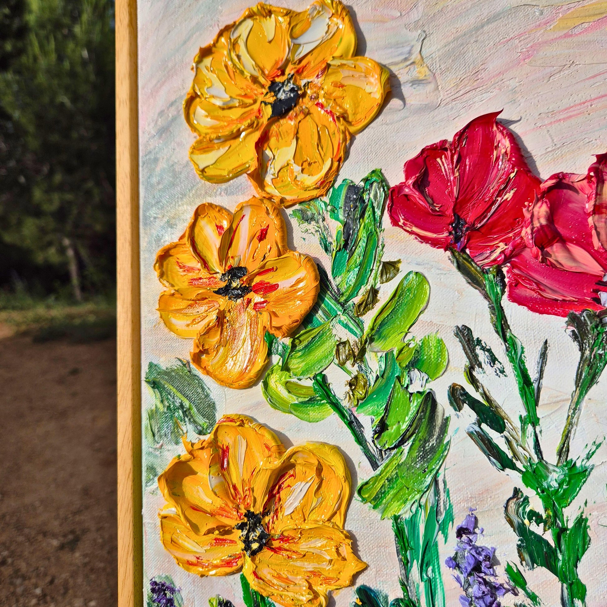 Colorful Textured Oil Floral Painting 62x32cm - Flower Dance P.2. - Colorful Textured Flower Art - Blooming Flowers Painting