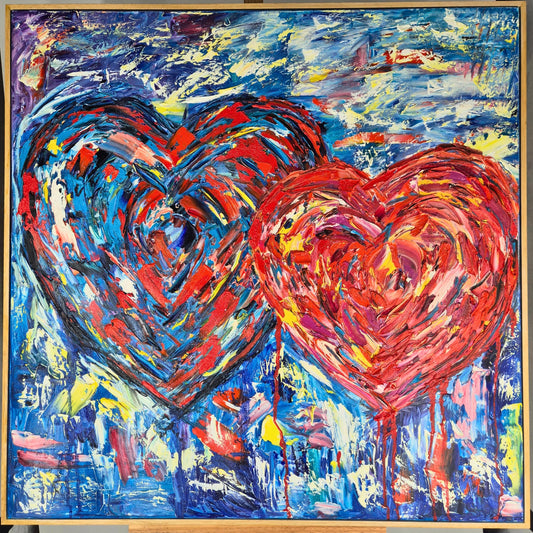 Original Abstract Oil Impasto Painting 92x92 cm - Ukrainian Hearts - Textured Canvas Contemporary Emotional Art on Handmade Wooden Frame
