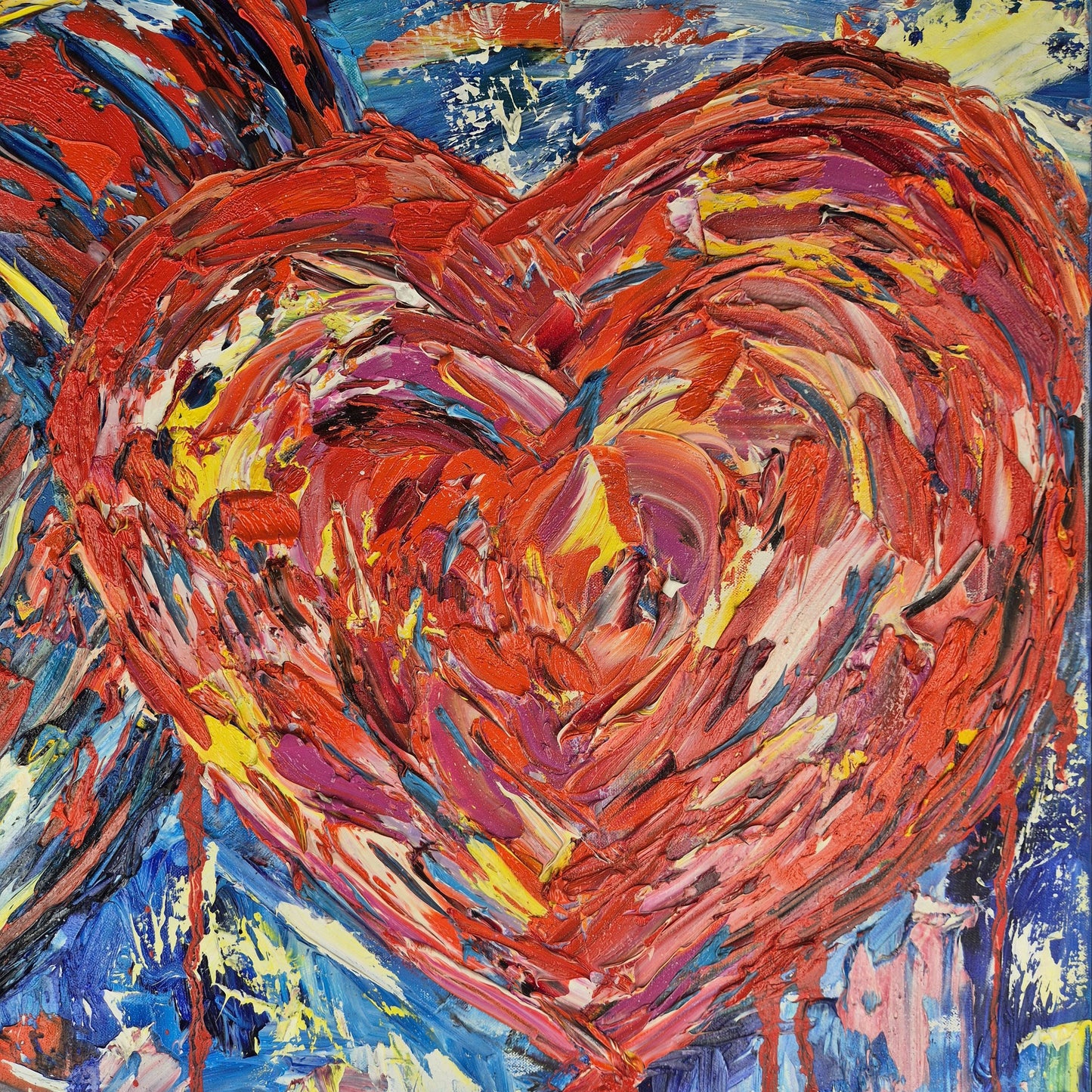 Original Abstract Oil Impasto Painting 92x92 cm - Ukrainian Hearts - Textured Canvas Contemporary Emotional Art on Handmade Wooden Frame