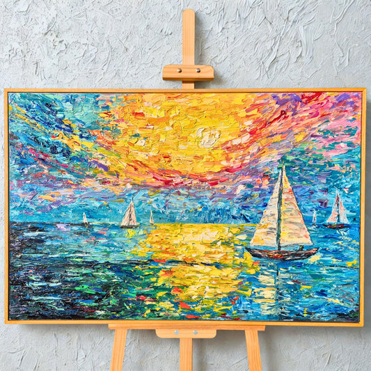 Burning Sky – Original Textured Oil Painting on Canvas - Sunset Sailing Seascape Art