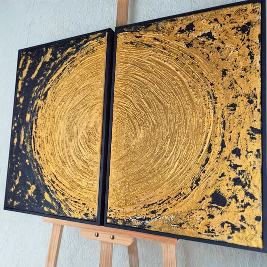 Auric Duality - Modern Abstract Wabi Sabi Painting- Black And Gold Art Diptych Textured Painting - Contemporary Wall Decor