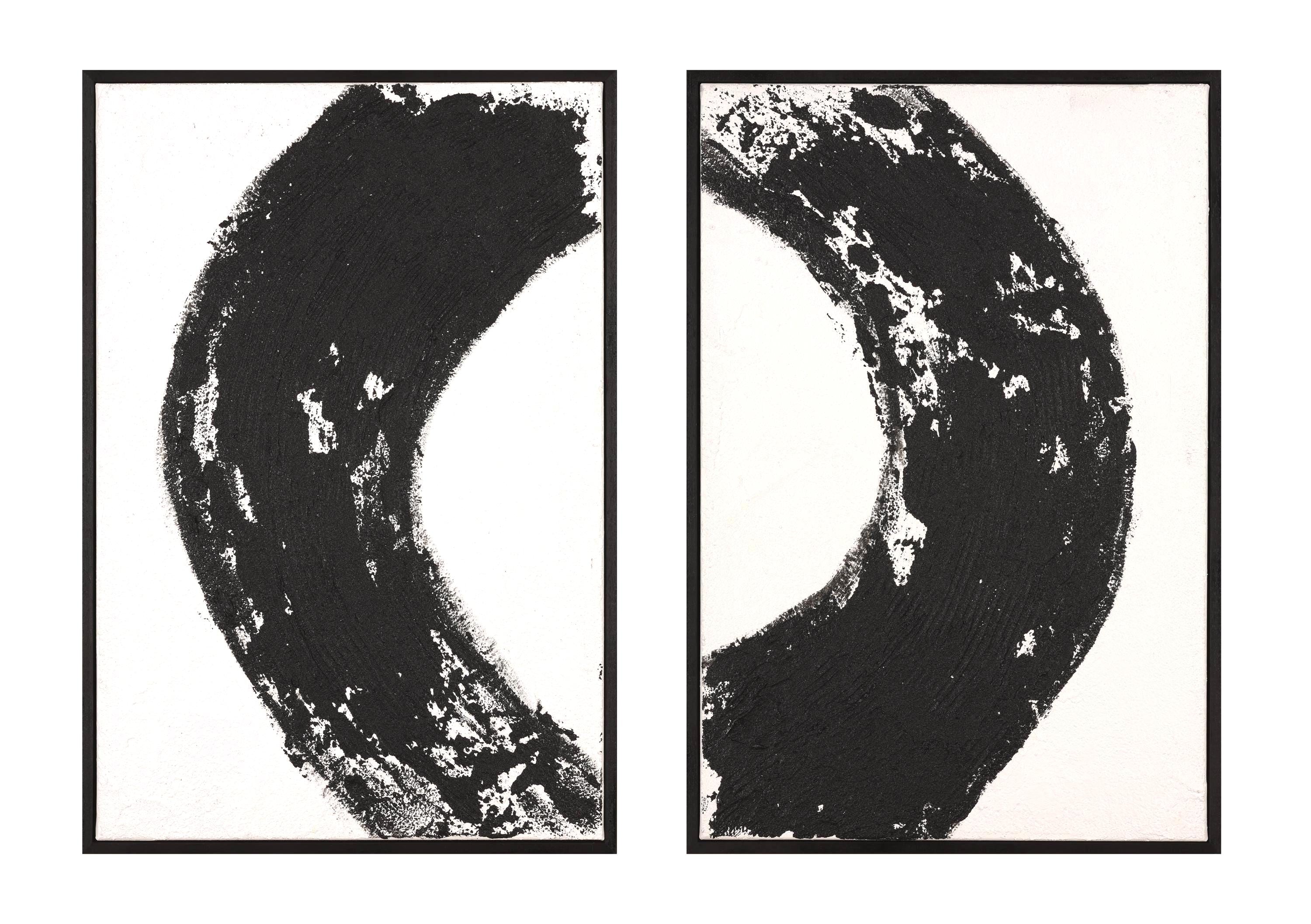 Black White Diptych Painting | Zen Eclipse Minimalist Art