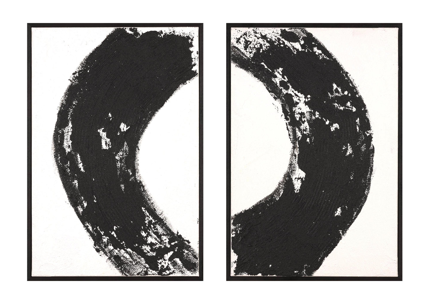 Zen Eclipse - Modern Abstract Black And White Art Diptych Textured Painting - Contemporary Wall Decor - Minimalist Energy