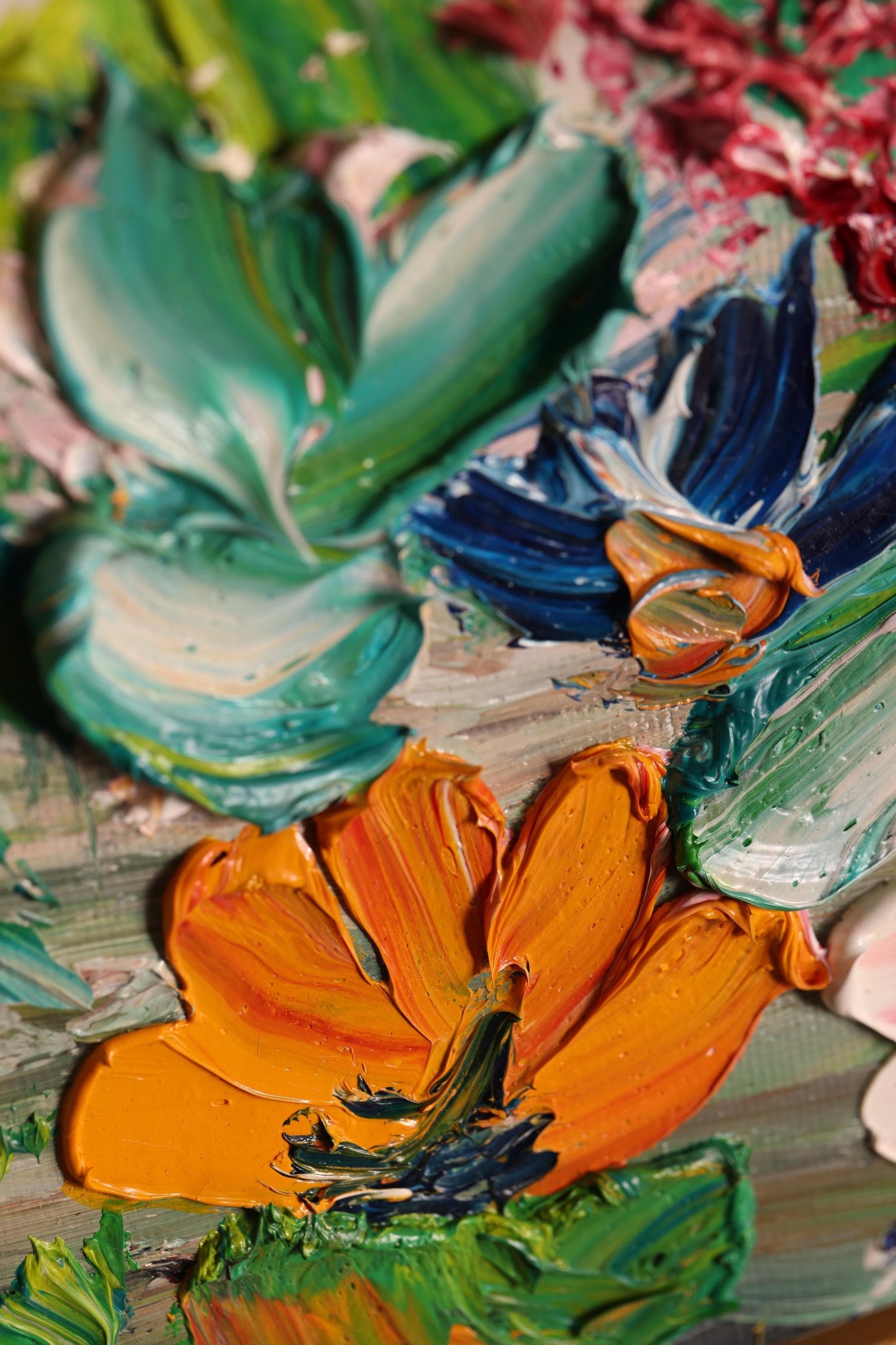 Original Oil Painting 96x62cm - Flower Dance - Colorful Textured Flower Art - Floral Triptych - Blooming Flowers Painting