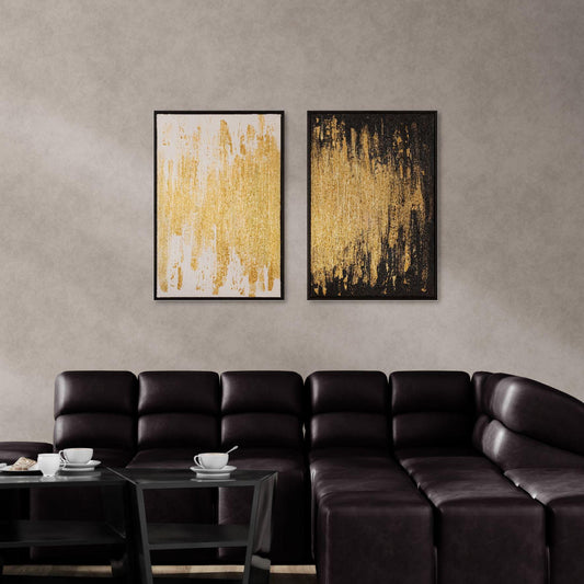 Split Radiance - Modern Gold Large Wall Art- Abstract Diptych Painting - Black And White Textured Wall Art - Luxury Contemporary Home Decor