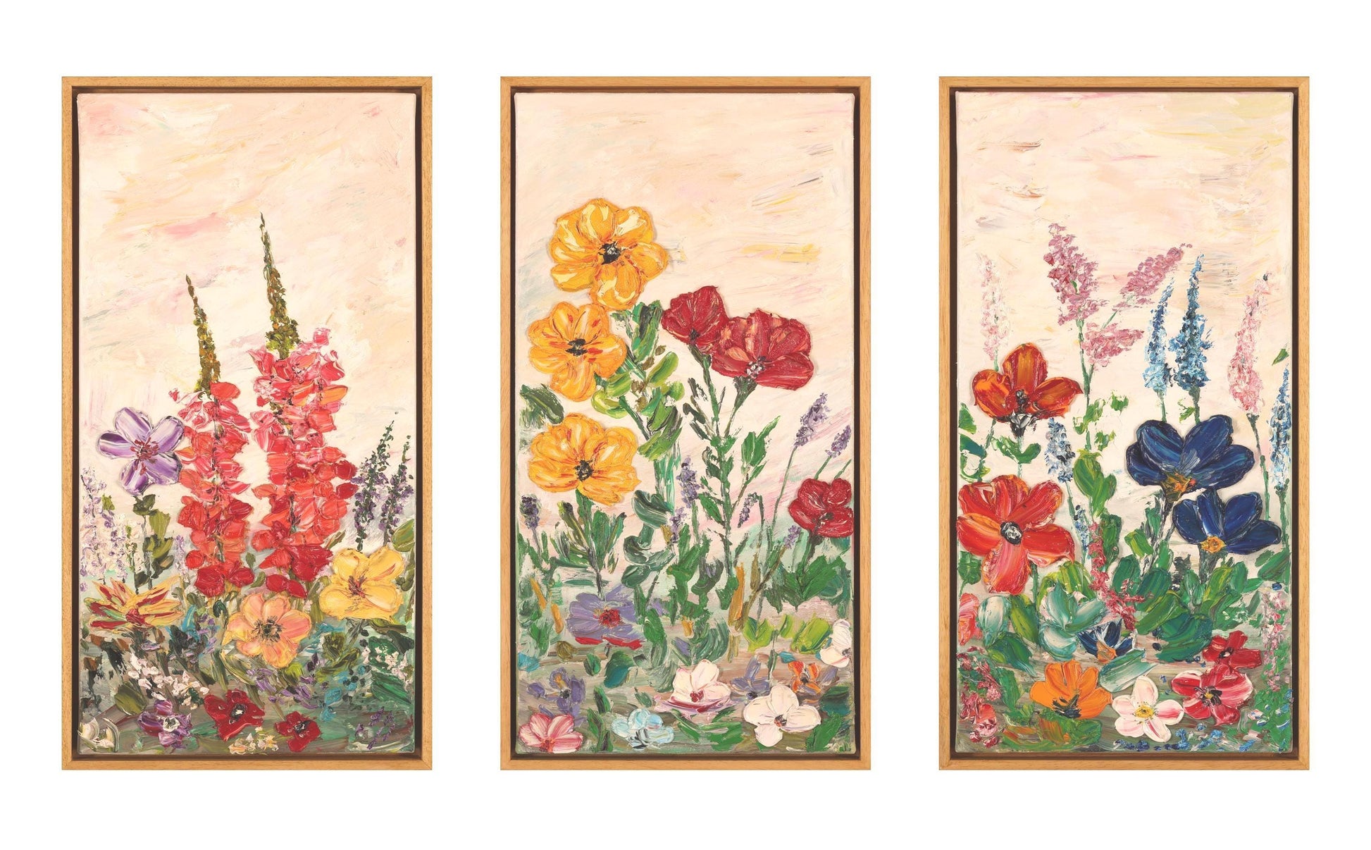 Original Oil Painting 96x62cm - Flower Dance - Colorful Textured Flower Art - Floral Triptych - Blooming Flowers Painting