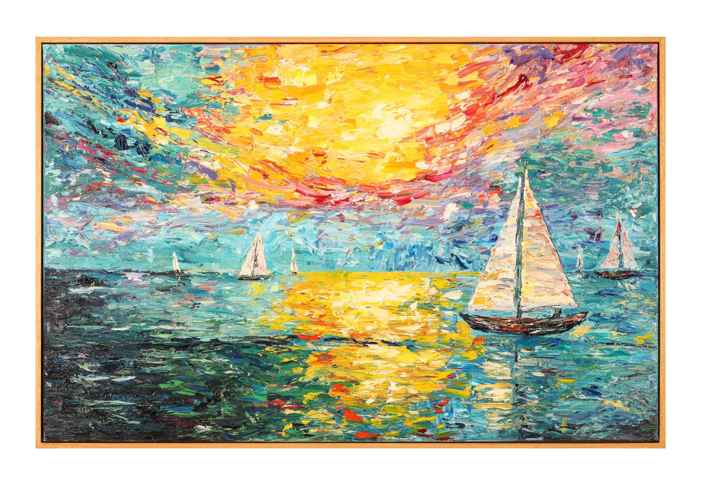 Burning Sky – Original Textured Oil Painting on Canvas - Sunset Sailing Seascape Art