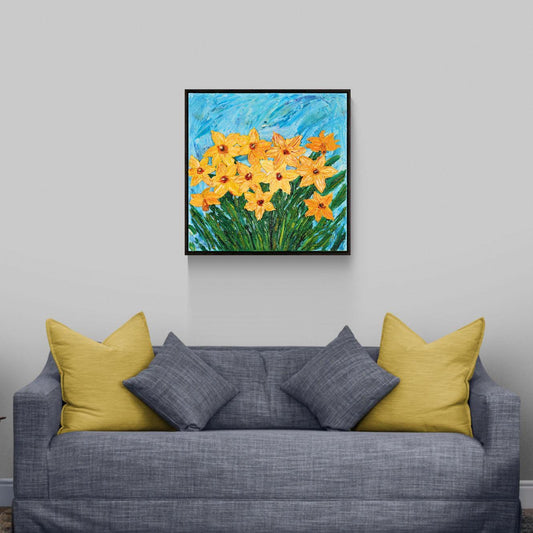 Original Oil Painting 62x62cm - Yellow Grace - Original Textured Oil Painting on Canvas - Impressionist Daffodil Floral Art