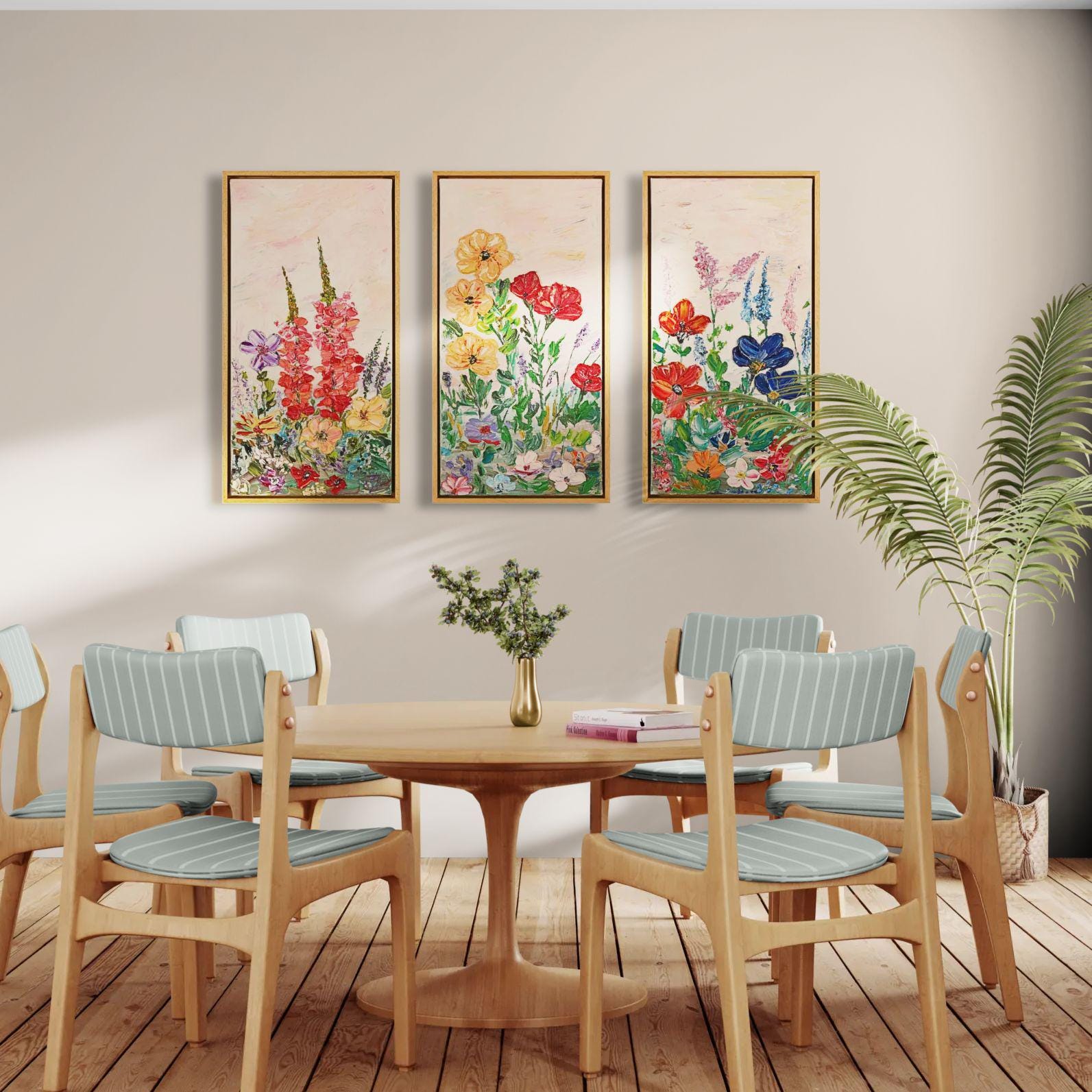 Original Oil Painting 96x62cm - Flower Dance - Colorful Textured Flower Art - Floral Triptych - Blooming Flowers Painting