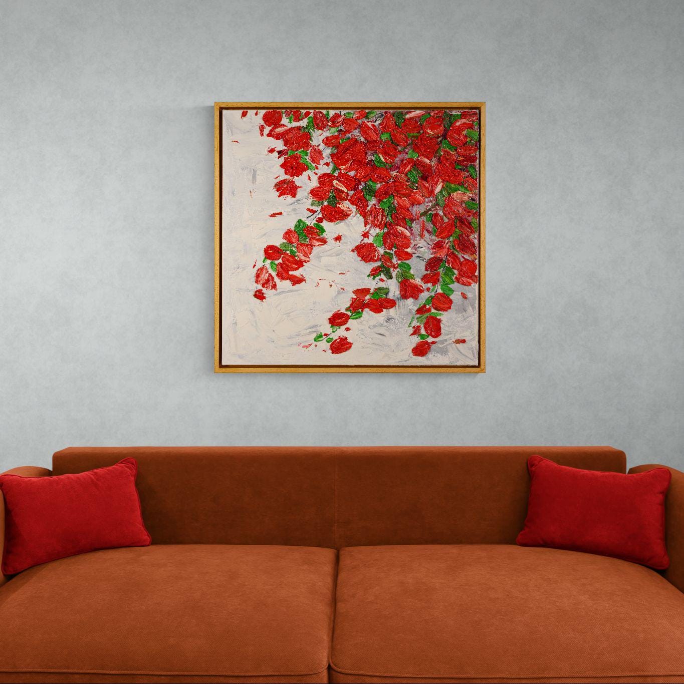 Original Oil Painting 52x52cm - Scarlet Cascade - Red Floral Wall Art Abstract - Textured Petal Art - Cascading Botanical Painting