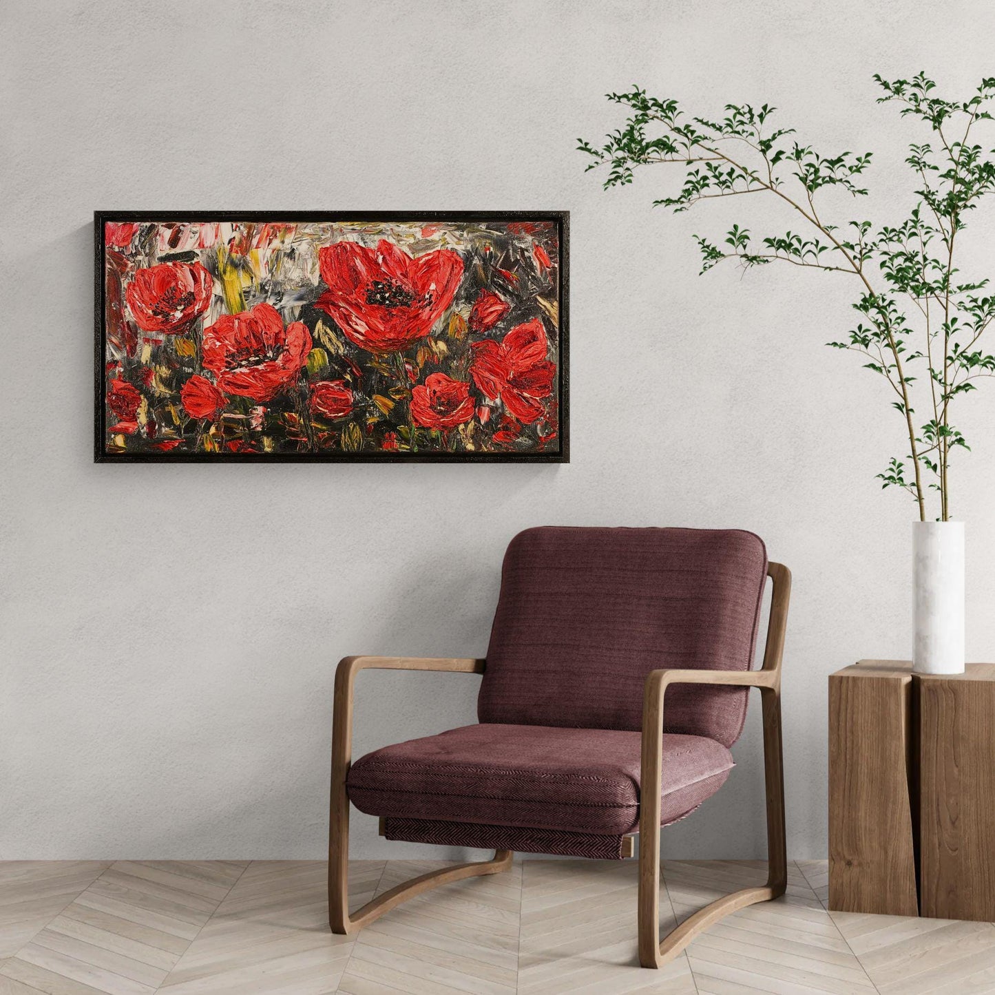 Original Oil Painting 62x32cm - Whispers in Red - Poppy Field - Textured Floral Art - Red Floral Art for Romantic Wall Decor