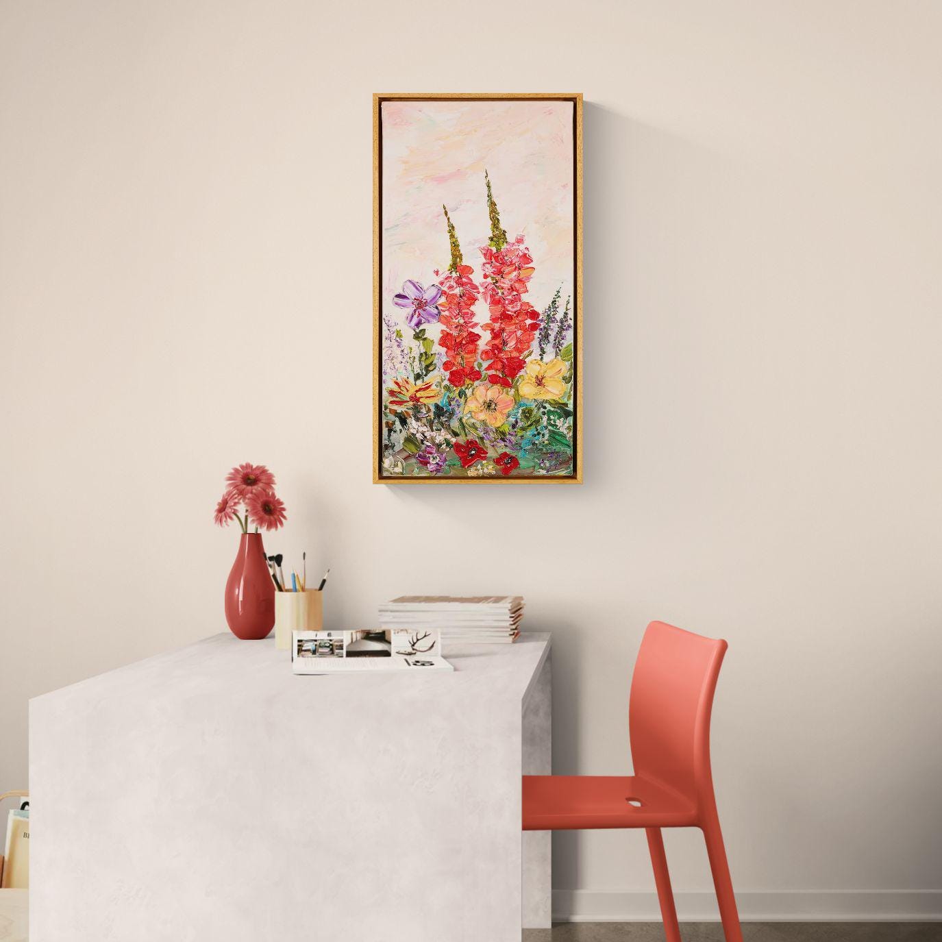 Colorful Textured Oil Floral Painting 62x32cm - Art Flower Dance P.3. - Colorful Textured Flower Art - Blooming Flowers Painting