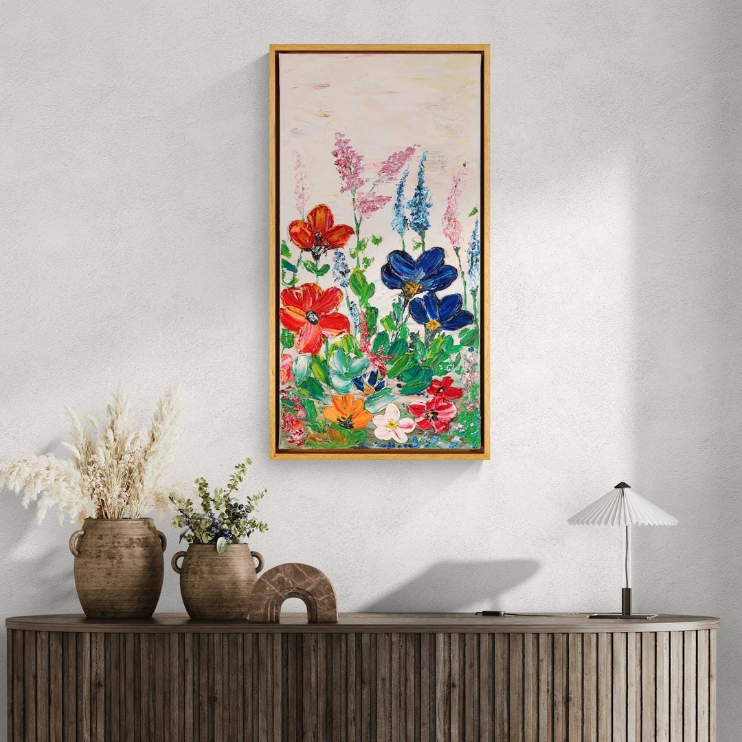 Colorful Textured Oil Floral Painting 62x32 cm - Flower Dance P.1.- Colorful Textured Flower Art - Blooming Flowers Painting