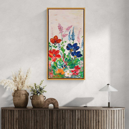 Colorful Textured Oil Floral Painting 62x32 cm - Flower Dance P.1.- Colorful Textured Flower Art - Blooming Flowers Painting