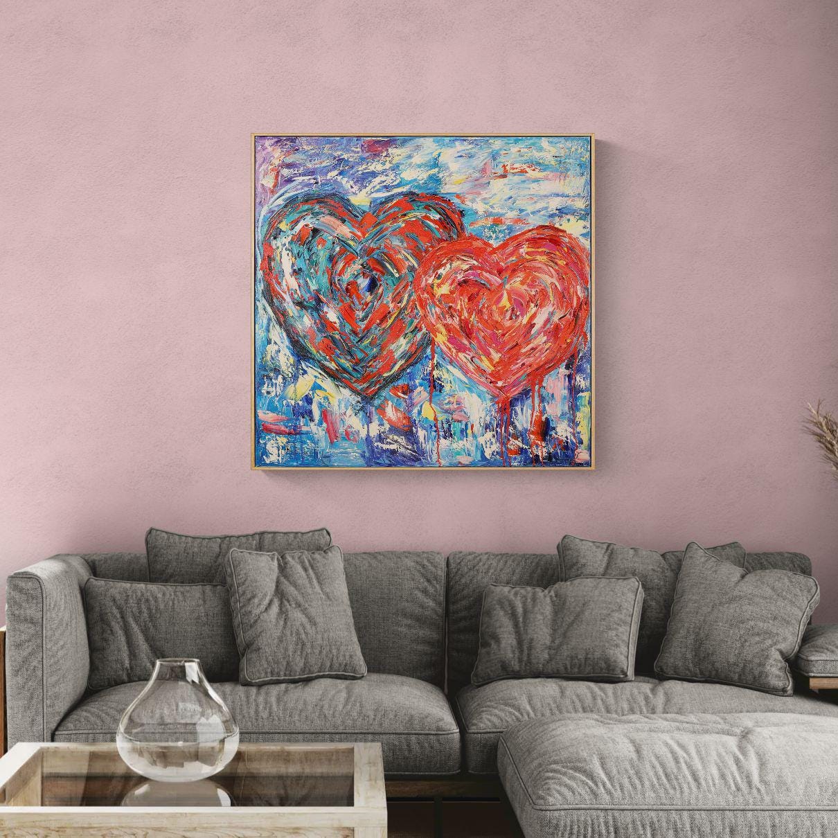 Original Abstract Oil Impasto Painting 92x92 cm - Ukrainian Hearts - Textured Canvas Contemporary Emotional Art on Handmade Wooden Frame