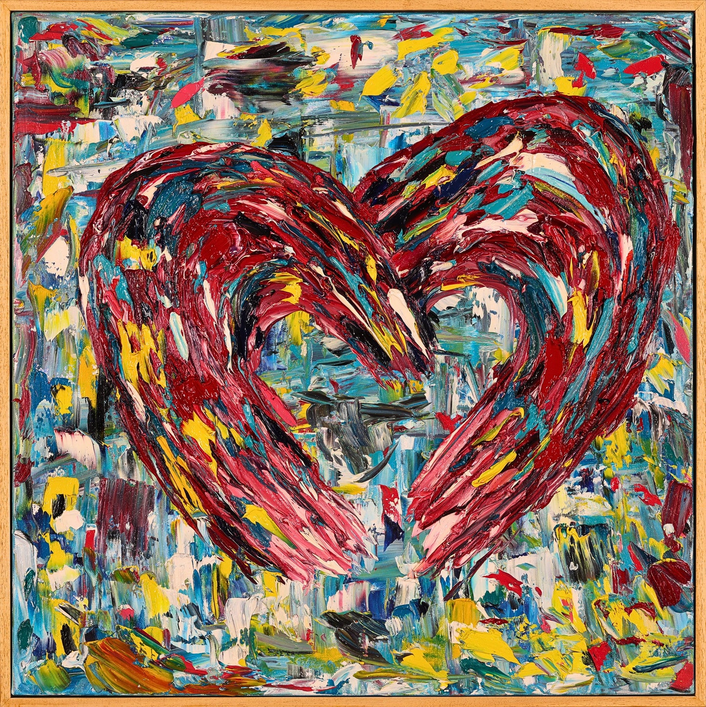 Colorful Heart Oil Painting on Canvas 62x62 cm - Lovescape - Textured Abstract Modern Art - Romantic Framed Palette Knife Art
