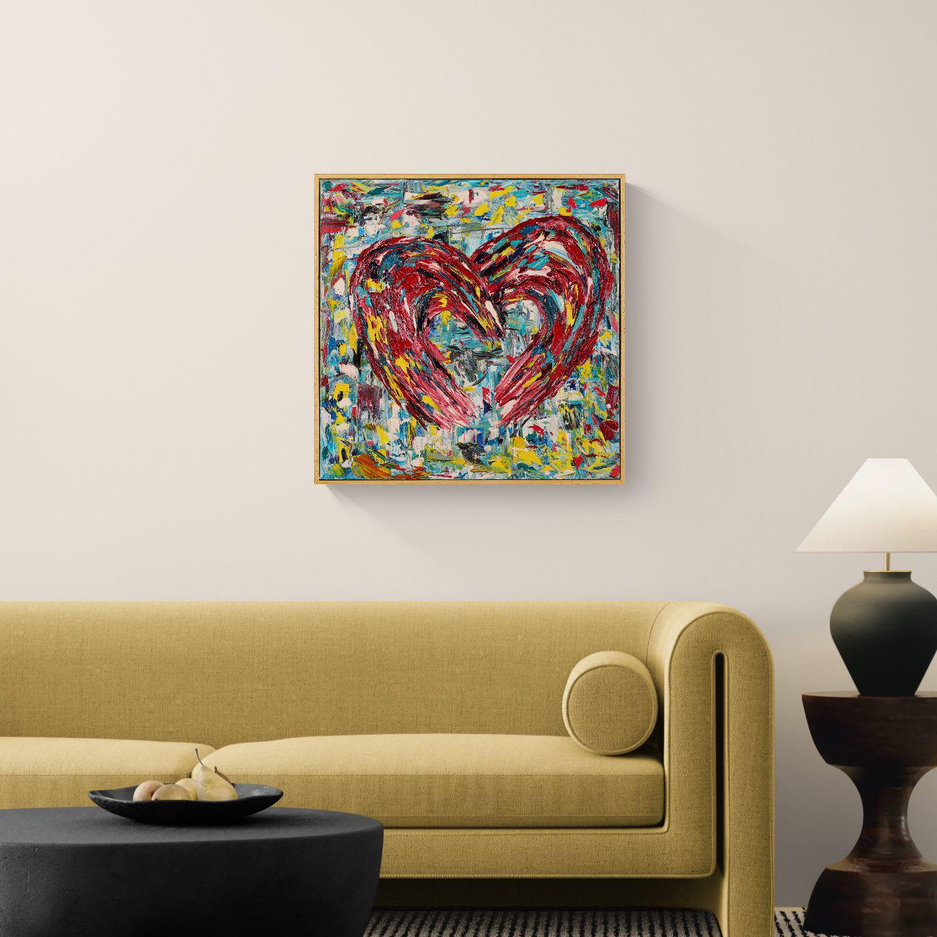Colorful Heart Oil Painting on Canvas 62x62 cm - Lovescape - Textured Abstract Modern Art - Romantic Framed Palette Knife Art