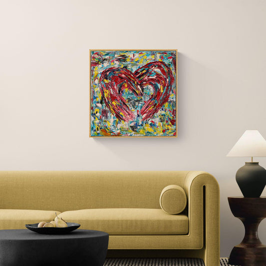 Colorful Heart Oil Painting on Canvas 62x62 cm - Lovescape - Textured Abstract Modern Art - Romantic Framed Palette Knife Art