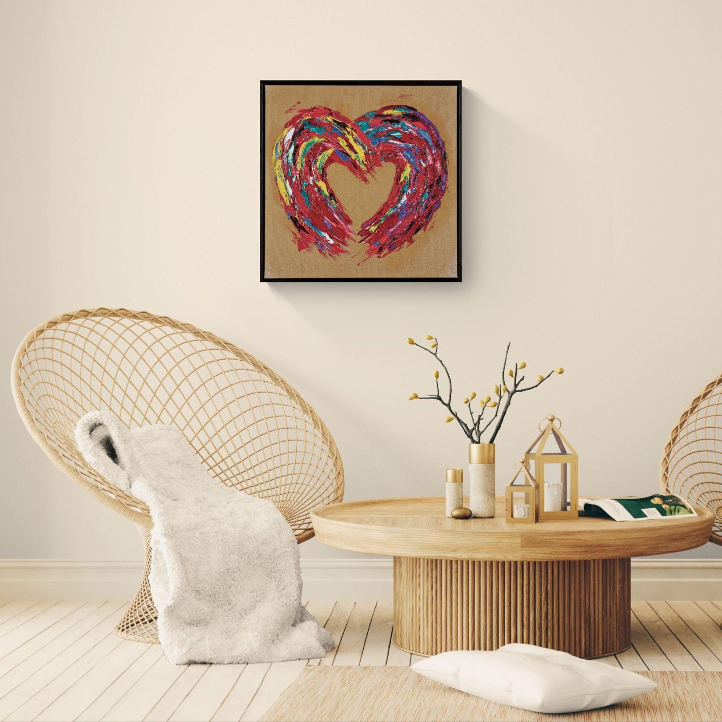 Textured Heart Oil Painting 62x62cm - Barelove - Colorful Abstract Love Art on Raw Canvas - Contemporary Palette Knife Wall Decor
