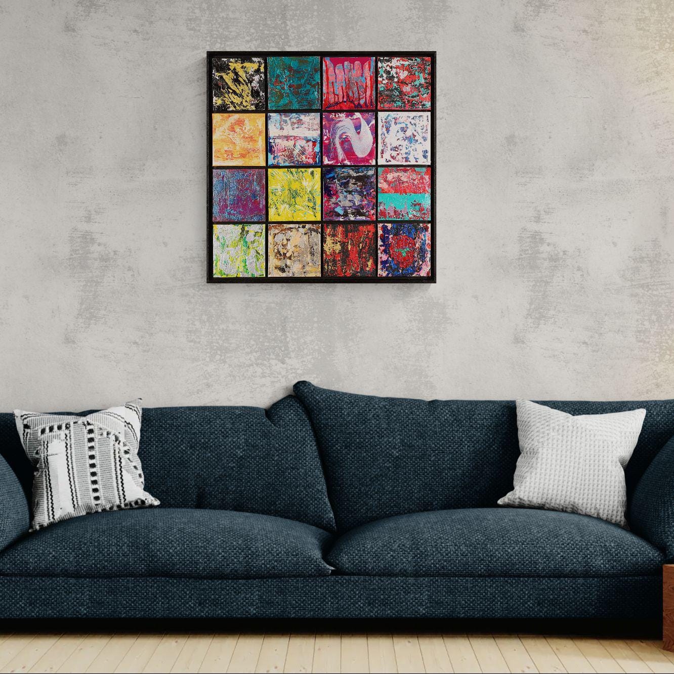 Abstract Acrylic Painting 66x66cm - 16 Beats - Textured Color Grid - Modern Rhythm Wall Art