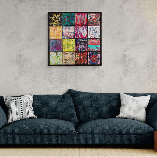 Abstract Acrylic Painting 66x66cm - 16 Beats - Textured Color Grid - Modern Rhythm Wall Art
