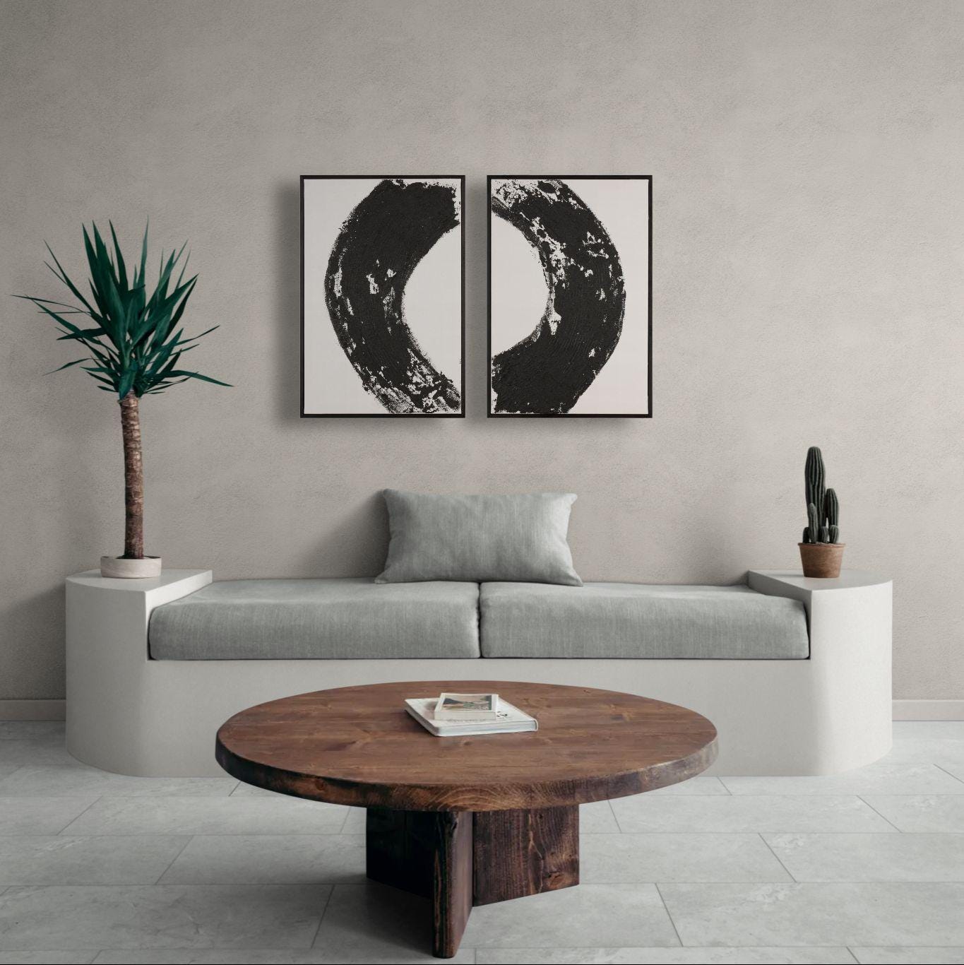 Zen Eclipse - Modern Abstract Black And White Art Diptych Textured Painting - Contemporary Wall Decor - Minimalist Energy