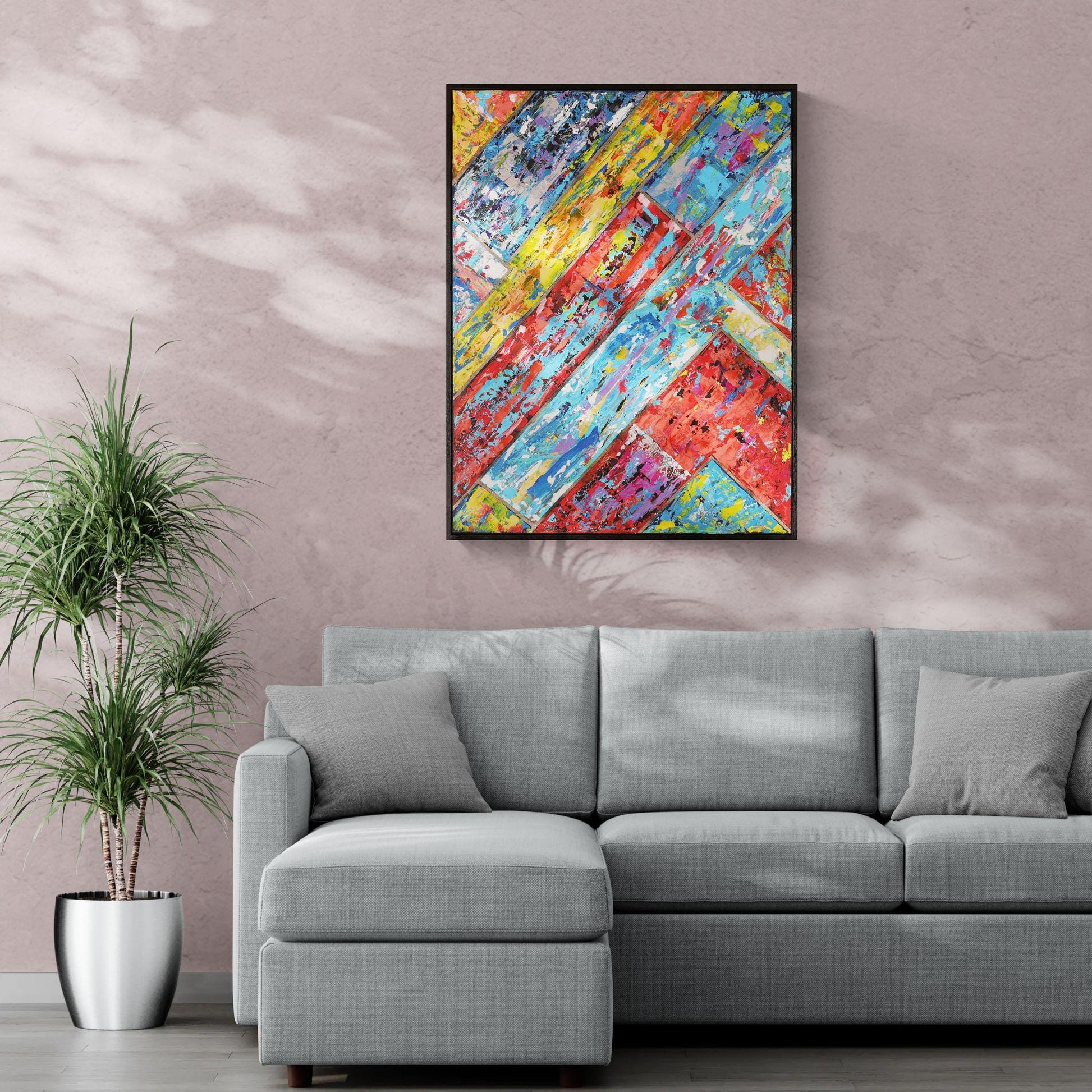 Geometric Acrylic Abstract Canvas 83x63cm - Diagonal - Textured Acrylic Urban Wall Art with Diagonal Lines