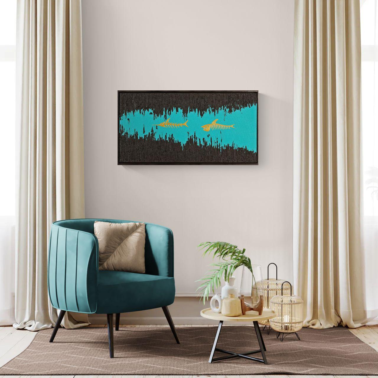 The Last Swim - Minimalist Sea Inspired Art - Skeleton Fish Painting - Textured Canvas Abstract Ocean Art - Large Framed Wall Decor