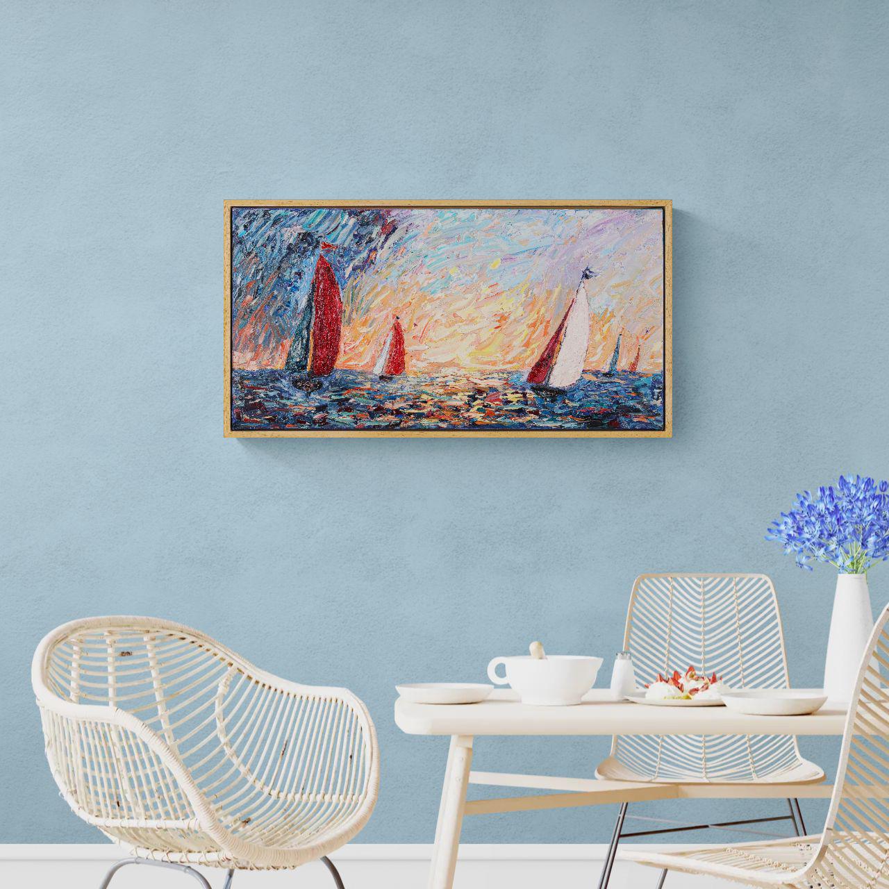 Sunset Regatta - Textured Oil Painting on Canvas - Colorful Seascape Sailing Art for Coastal Decor
