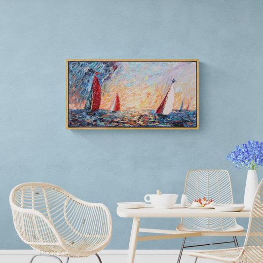 Sunset Regatta - Textured Oil Painting on Canvas - Colorful Seascape Sailing Art for Coastal Decor